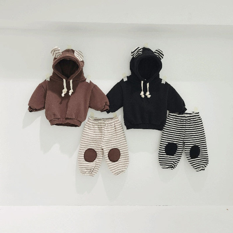 Bear Hooded Fleece Hoodie/Striped Patch Pants