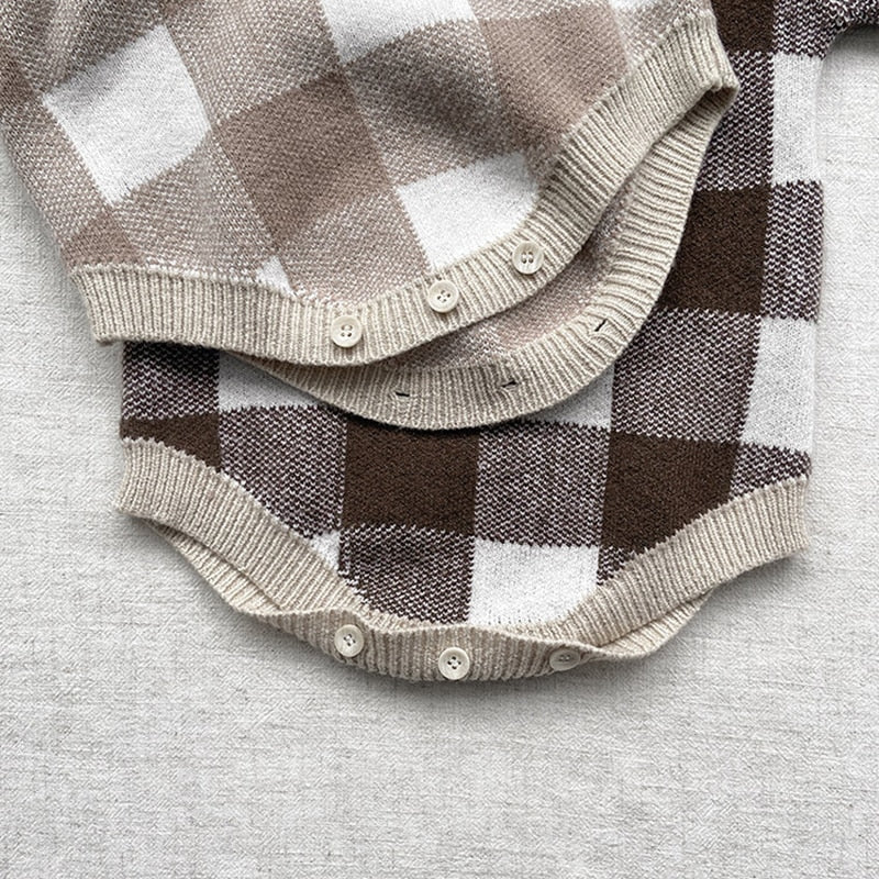 Plaid Knitted Romper & Hat Set