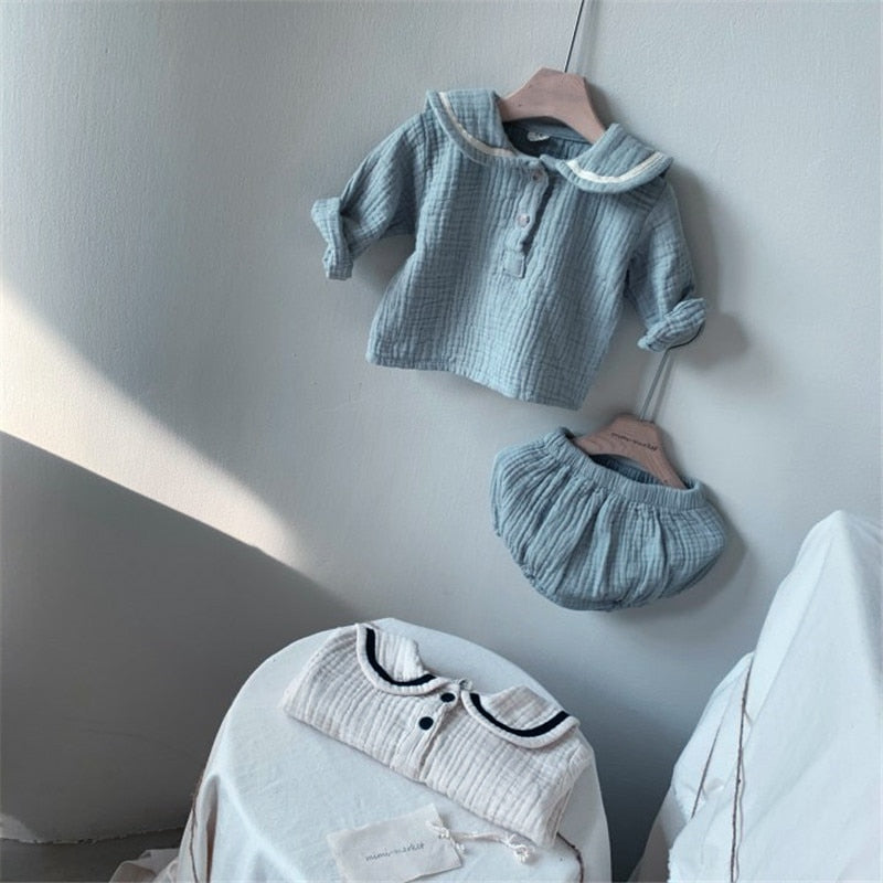 Long-Sleeved Collared Blouse and Shorts Sets