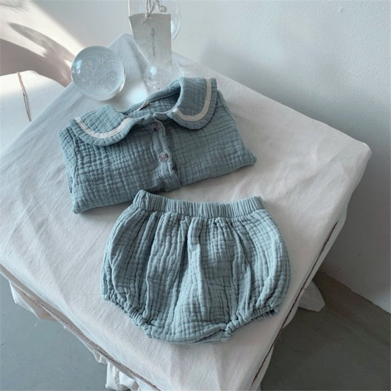 Long-Sleeved Collared Blouse and Shorts Sets