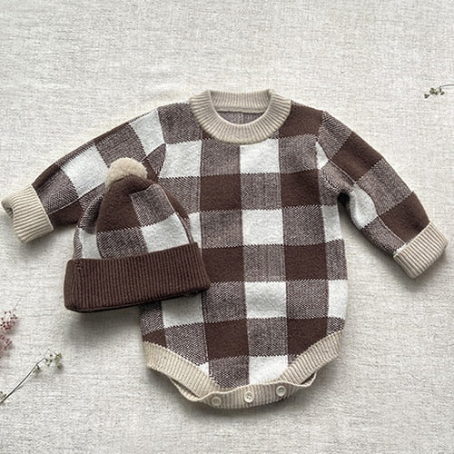 Plaid Knitted Romper & Hat Set
