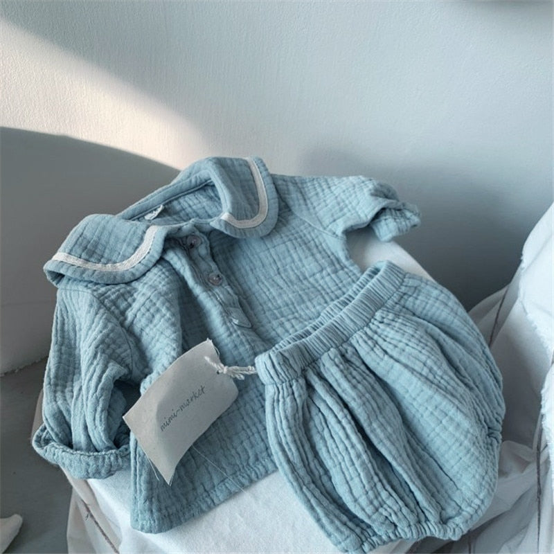 Long-Sleeved Collared Blouse and Shorts Sets