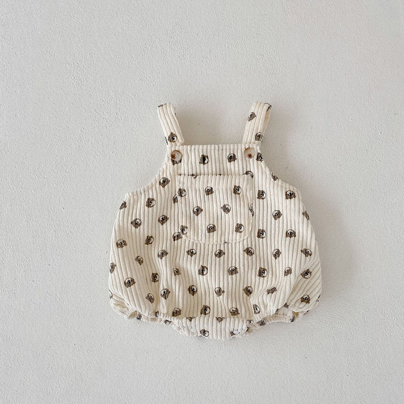Corduroy Printed Suspender Romper