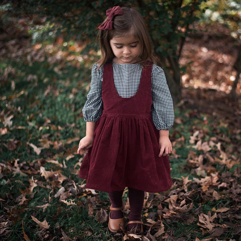 Girls U-Collar Red Corduroy Dress