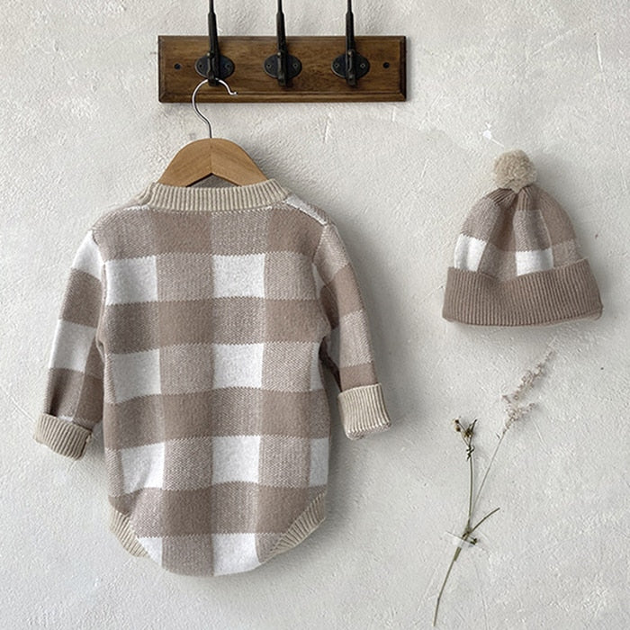 Plaid Knitted Romper & Hat Set