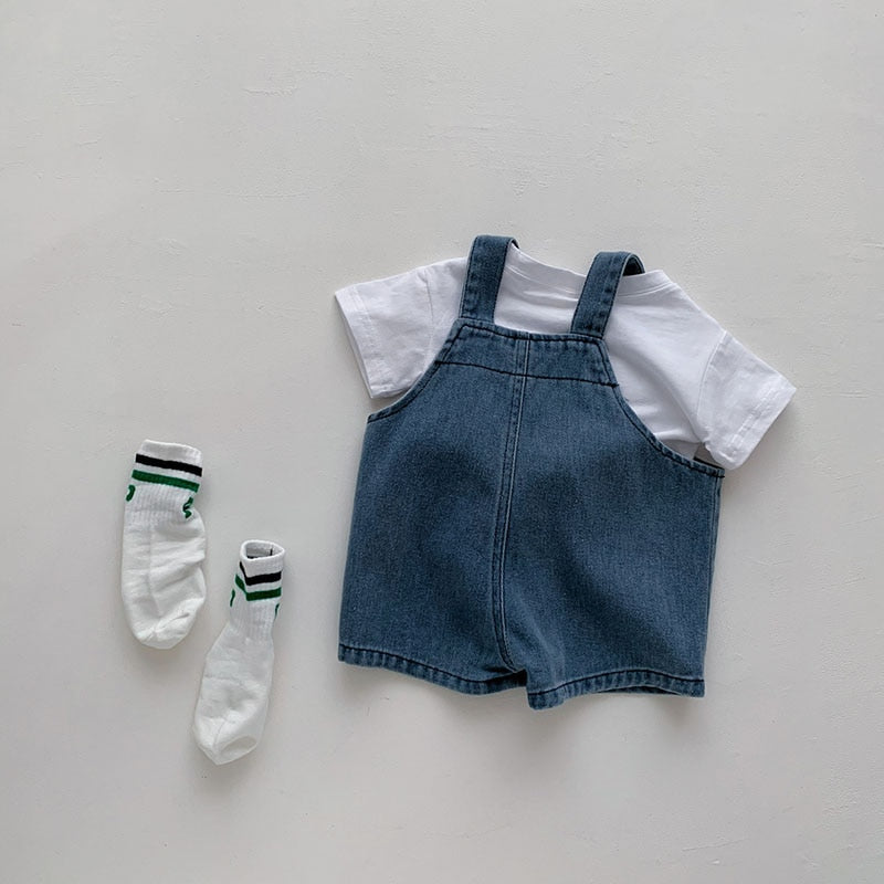 White Tee and Denim Overalls Set