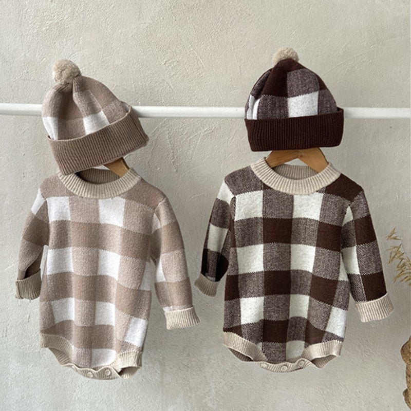 Plaid Knitted Romper & Hat Set
