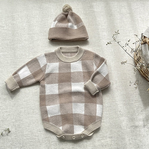 Plaid Knitted Romper & Hat Set