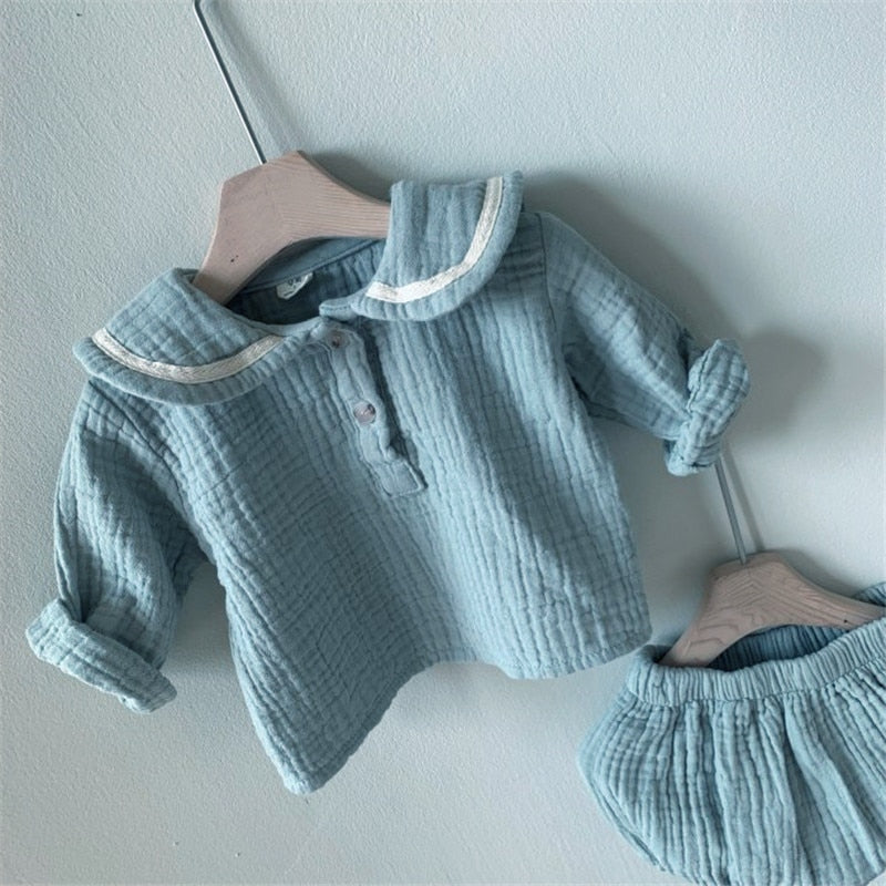 Long-Sleeved Collared Blouse and Shorts Sets