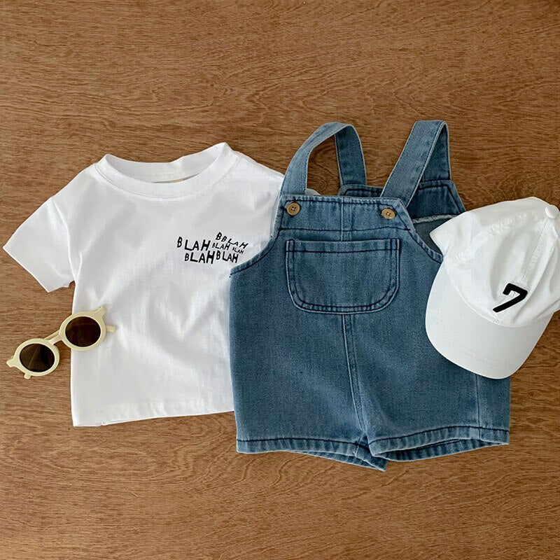 White Tee and Denim Overalls Set