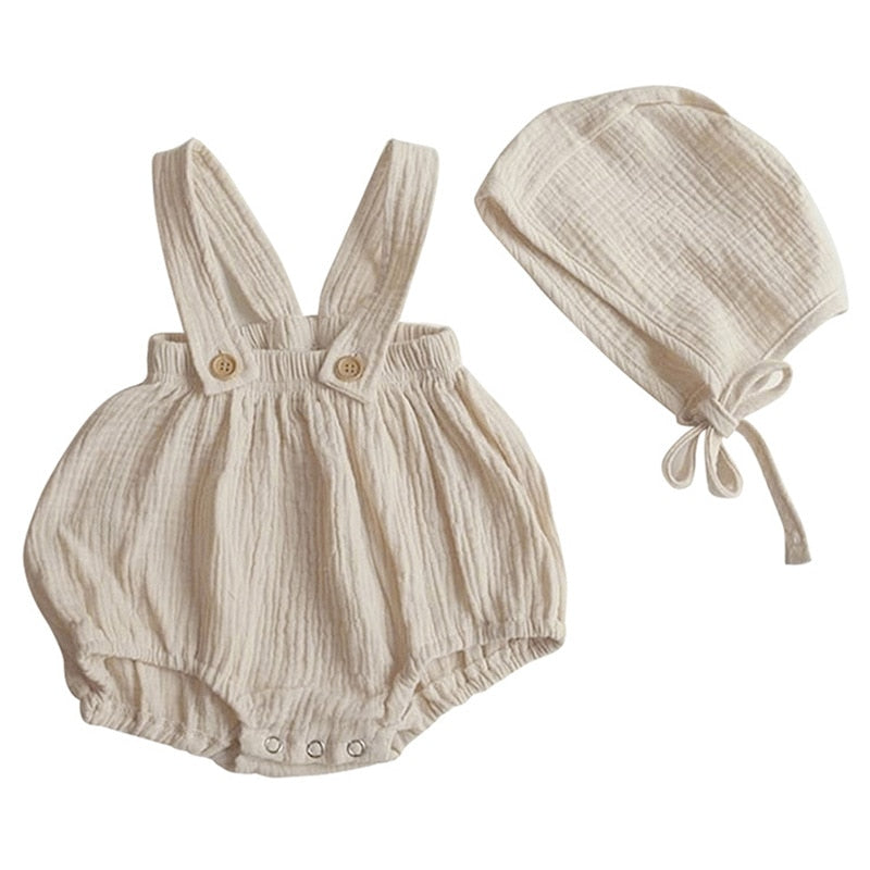 Linen Cotton Hat & Suspender Shorts Set